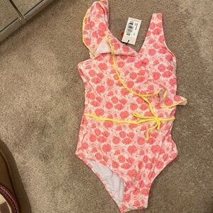 Girls one piece swimsuit. Pink & yellow. Size 12. NWT